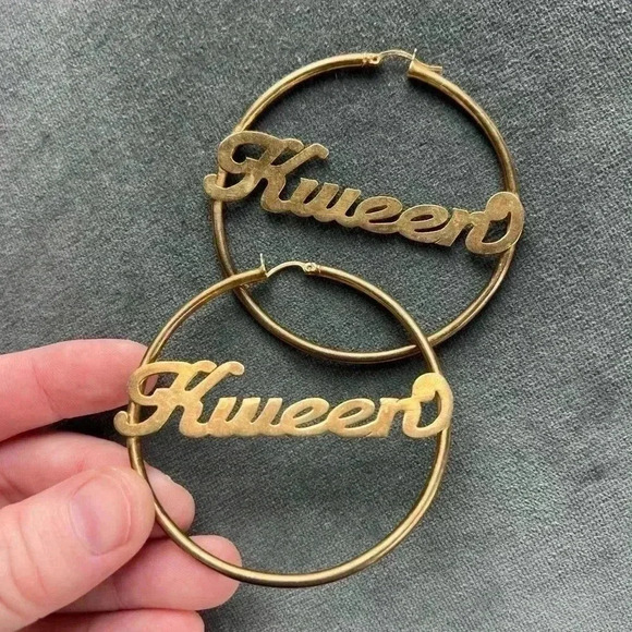 Gold "KWEEN" Earrings, Sterling Silver Extra Large Hoop Earrings - Picture 1 of 6